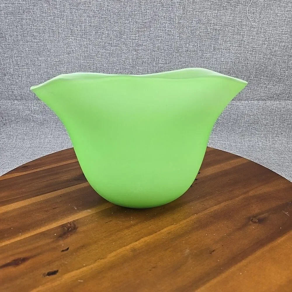 Pottery Barn Frosted Green glass fan vase 7.5”‎ large Abstract Modern